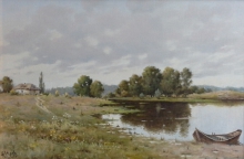 Bay With A Boat - oil, canvas