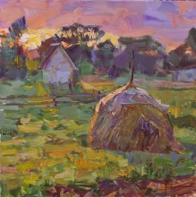 Landscape With A Haystack In The Rays Of The Rising Sun - oil, canvas